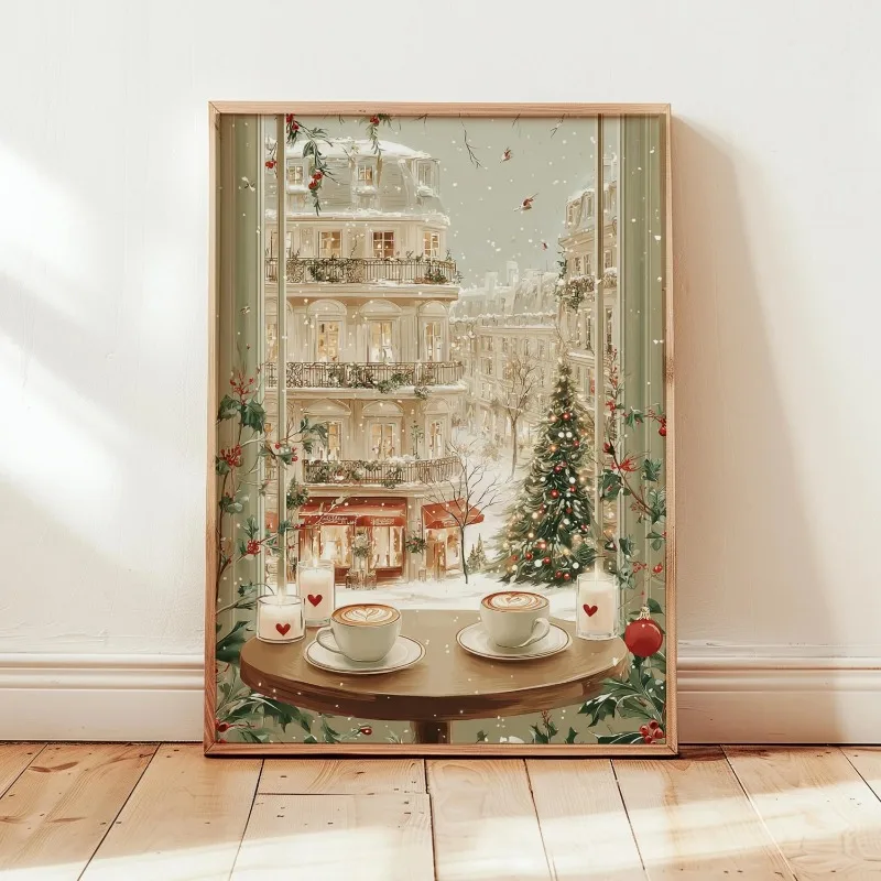 Paris Winter Cafe Canvas Wall Art Unframed Watercolor Print Snowy City View Christmas Tree Scene Poster for Festive Home Decor