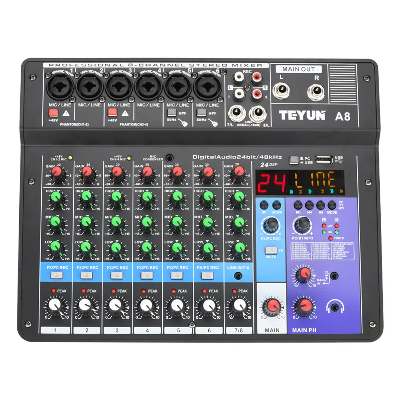 

TEYUN 8 Channel Mixing Console 24 Effect 48V Bluetooth Audio Sound Mixer USB PC Record Play Table For Guitar Studio Recording A8