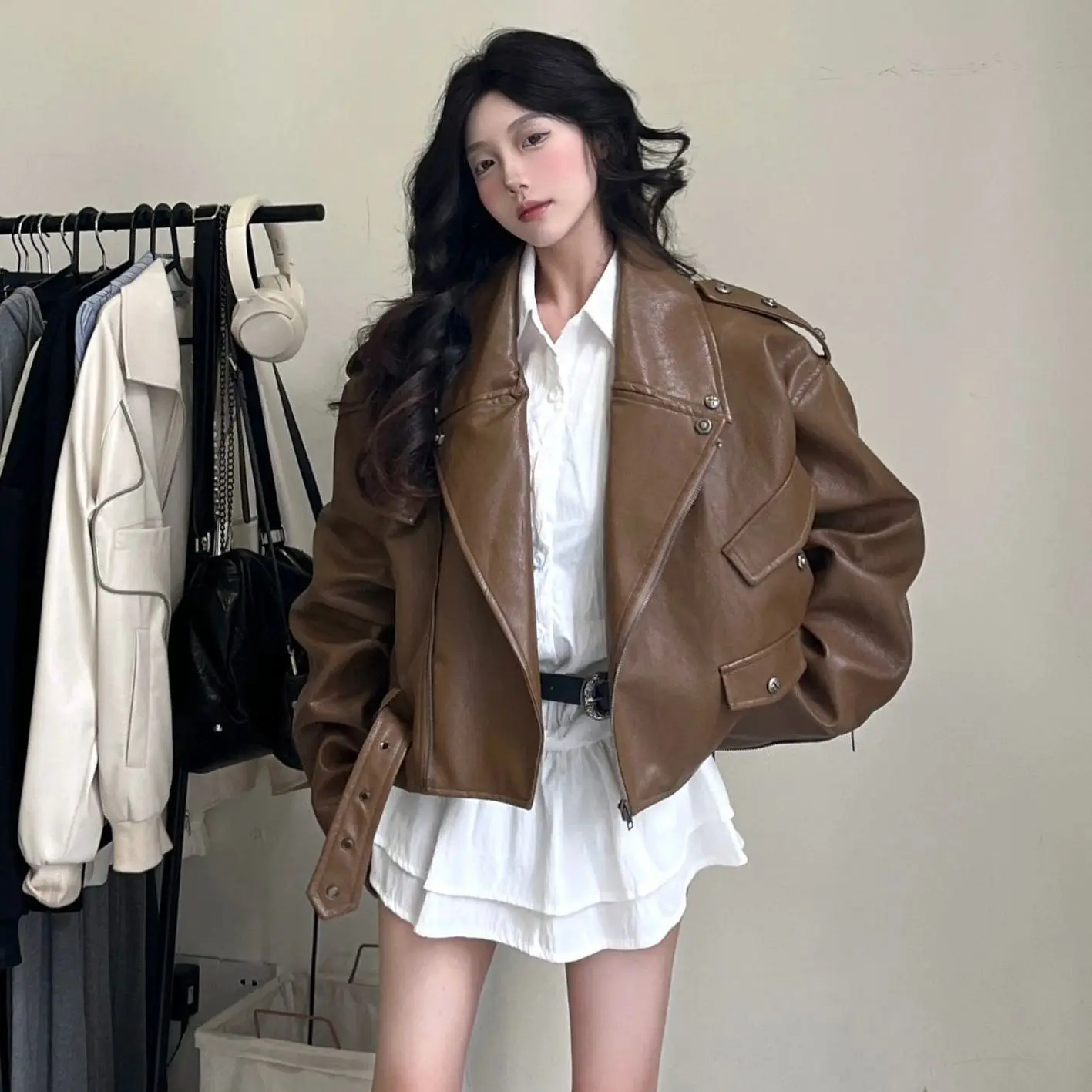 Korea Coffee-Colored Motorcycle Style Loose Leather Jacket Women Autumn New Oversize Slim Design Long-Sleeved Jacket