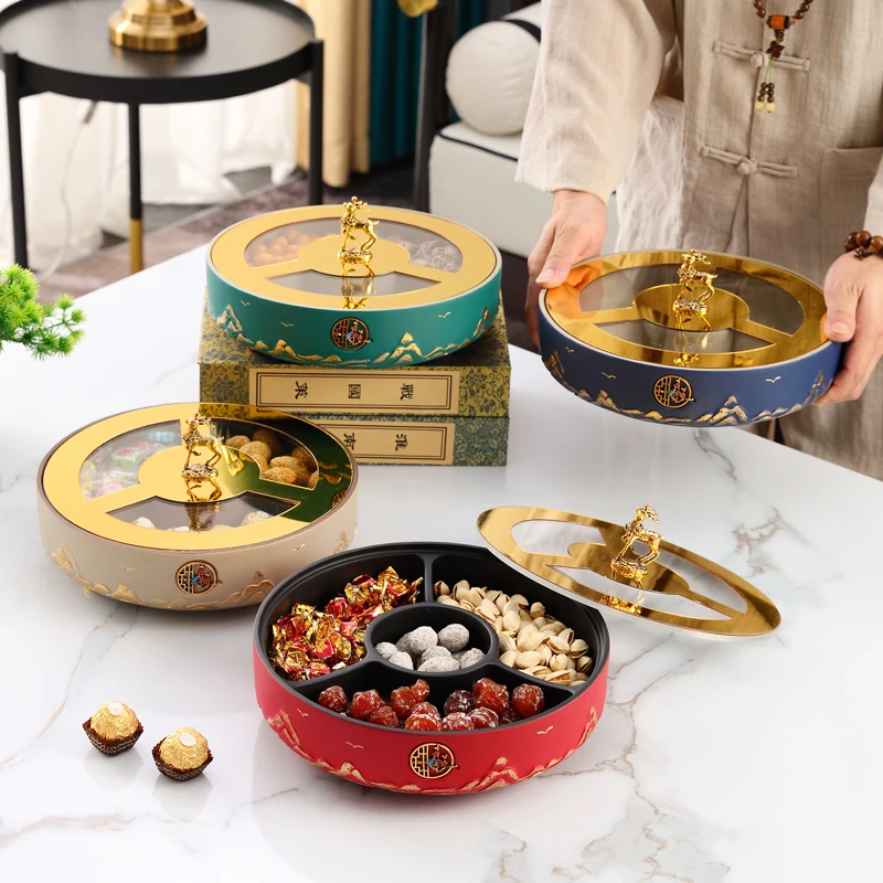 New Chinese Style Living Room Coffee Table Grid with Lid Dried Fruit Tray Light Luxury Desktop Candy Plate Snack Nut Storage