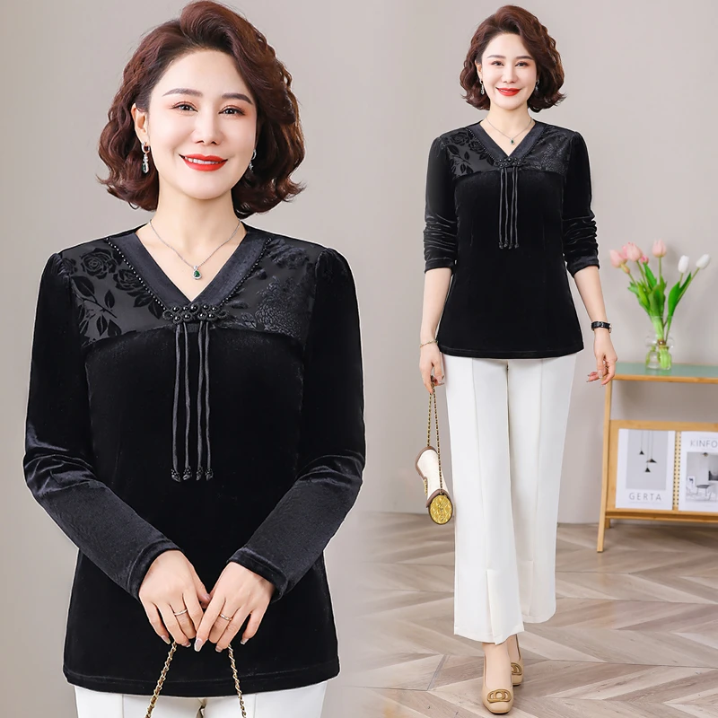 Women Vintage V-Neck Shirt Commuter Spring Autumn All-match Fashion Long Sleeve Solid Color t-shirt  for Female