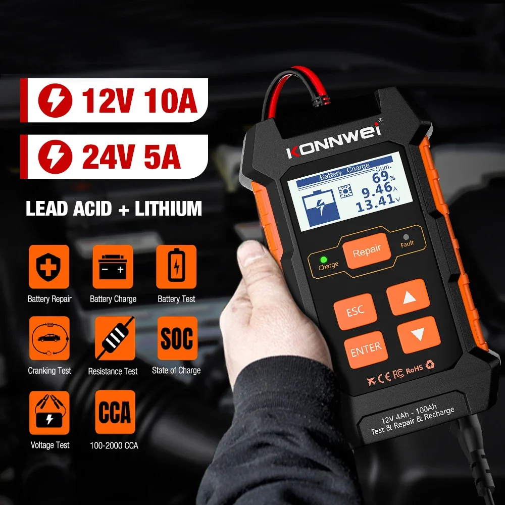 KONNWEI KW520 12V 10A 24V 5A Automatic Car Battery Pulse Repair Tool AGM Gel Lithium Car Truck Battery Tester And Chargers Lead