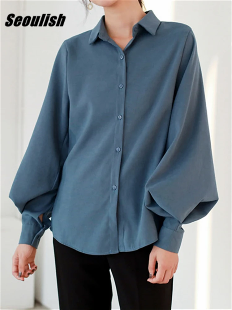 

Seoulish Lantern Sleeve Autumn Women Blouse 2023 New Long Sleeve Turn-down Collar Buttons Casual Loose Office Shirts Tops Female