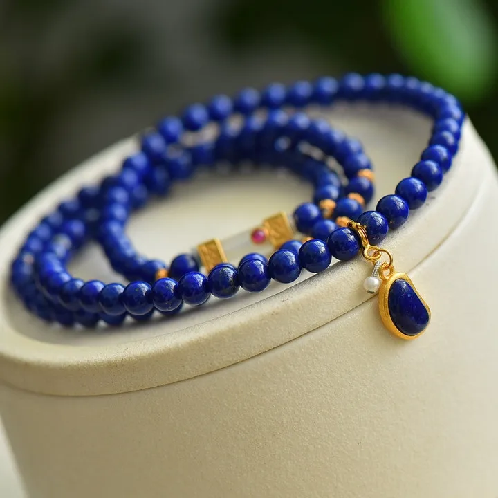 

Natural Lapis Lazuli Three-Strand Bracelet, Silver Accents, Unisex Adjustable Jewelry for Wrist or Neck, Crystal Energy Wear