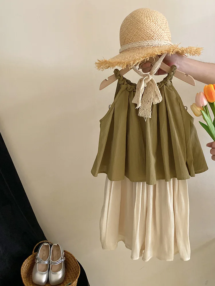 Mori Style Little Girl Suit2024Summer New Western Style Twist Halter Spaghetti Straps Temperament Pure Color Pearlescent Wide-Le