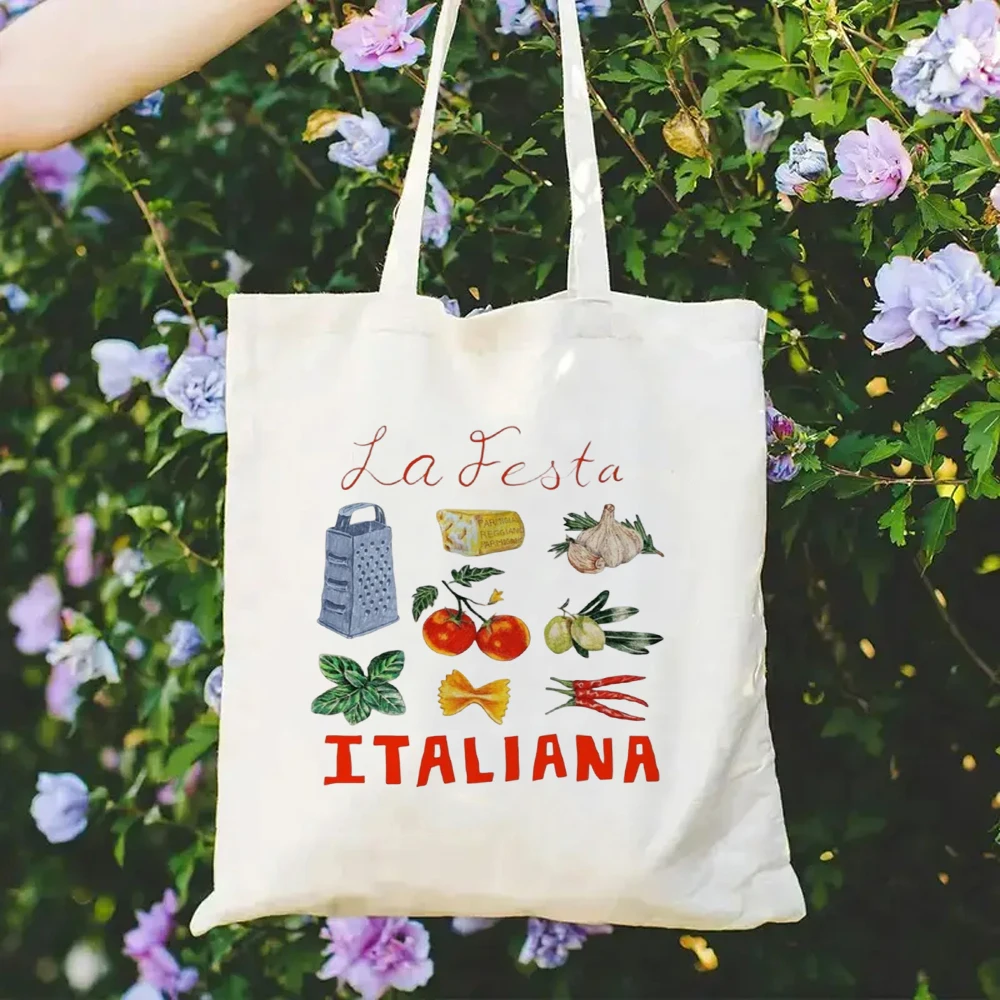 

Trendy La Festa Italiana Canvas Tote Bag Cute Pasta Garlic Herb Reusable Grocery Shopping Shoulder Gift Bag Women