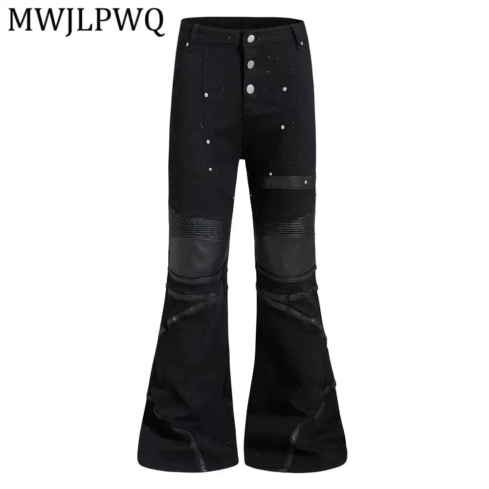 MWJLPWQ Men's Starry Button Jeans Hippie Trend PU Leather Patchwork Deconstructed Design Unique Autumn Flared Long Pants 17162