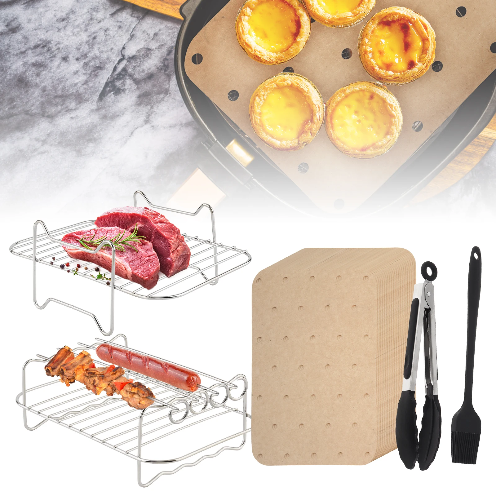 4 pcs 304 Stainless Steel Toast Racks Air Fryer Paper Liners Fit for Ninja Foodi DZ401/Double Basket with 100pcs Parchment Paper