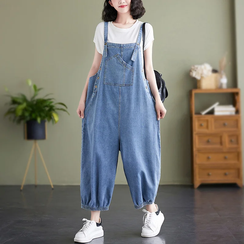 

#1441 Black Blue Wide Leg Jeans Jumpsuits Women Sleeveless Loose Buttons Pockets Denim Overalls Female Ankle-length Summer 2022