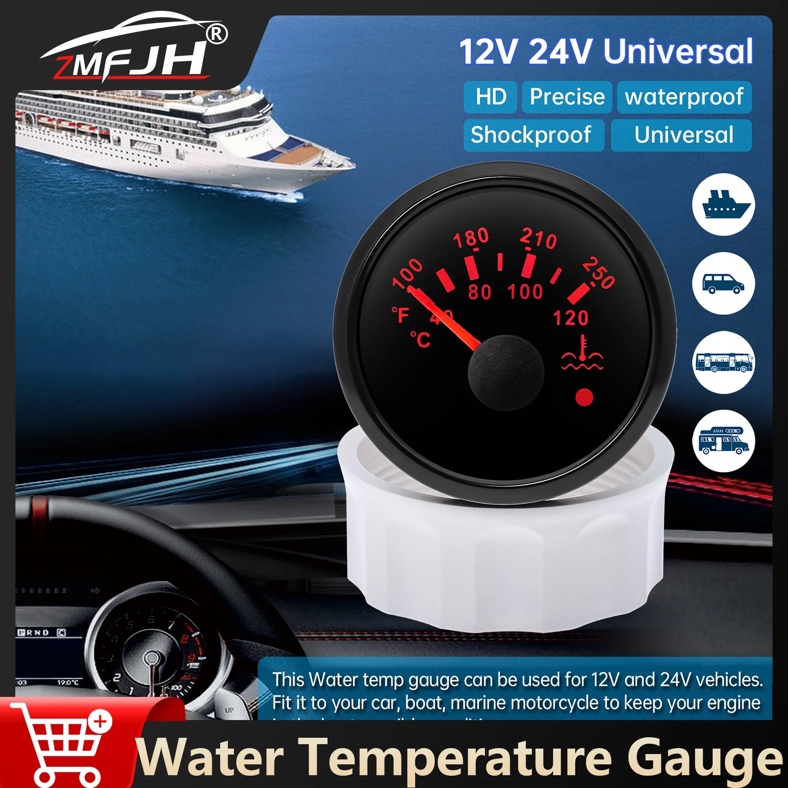 

52mm Water Temp Gauge Water Temperature Meter With Alarm Light LED Temp Pointer For Marine Boat Car Truck Waterproof 12V 24V