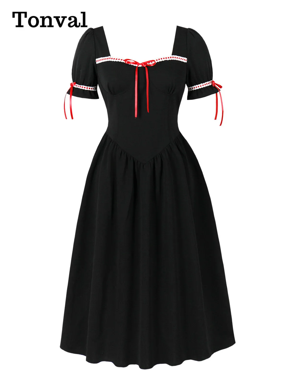 Tonval Sweetheart Neck Bow Detail 블랙 고딕 의류 여성 하이 웨이스트 타이 백 파티 파티 빈티지 스타일 롱 드레스