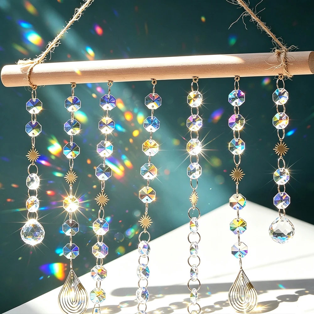 Crystal Suncatcher Glass Wind Chimes Sun Shine Prism Wooden Hanging Drop Pendant Bead Chain Rainbow Maker Garden Window Decor