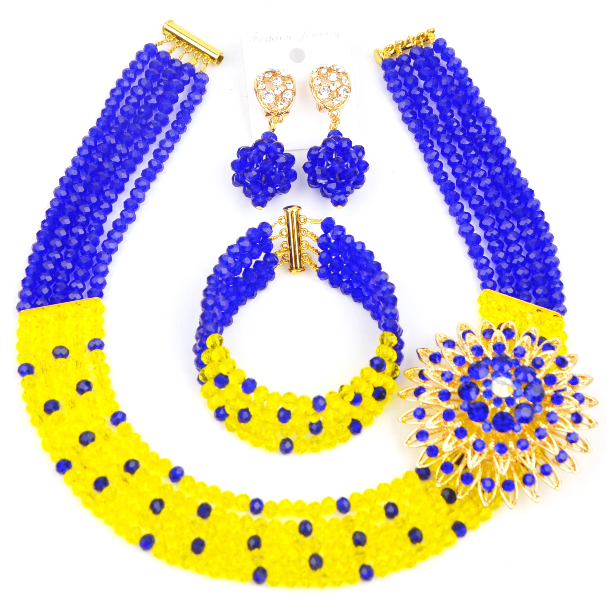 

Royal Blue and Yellow Crystal Beads Jewelry Set African Wedding Necklace Party Jewelry