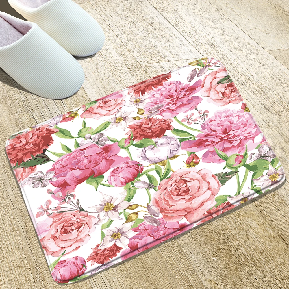 

Flowers Print Bath Mat Pink Bird Leaves Blue Purple Door Kitchen Corridor Bathroom Flannel Absorbent Non-Slip Carpets Washable