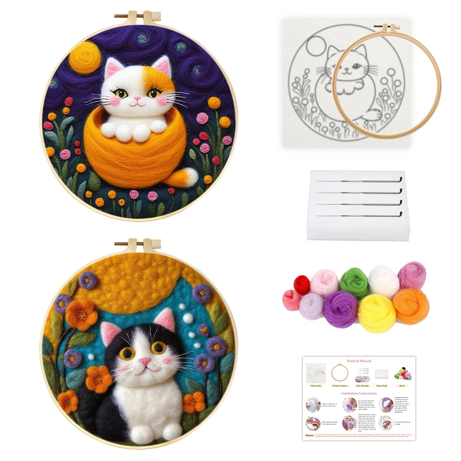 

SDOYUNO-Wool Felt Painting,Cats,Needle Felting,Complete Needle Felting Starter Tools With Storage Box,Sewing Kit,Stitch,Wall Art