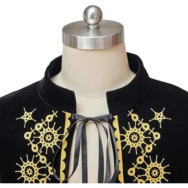 2025년 11월 18세기 검정 벨벳 골드 트림 할로윈 망토 의상 중세 왕자 왕 케이프 (남성용)