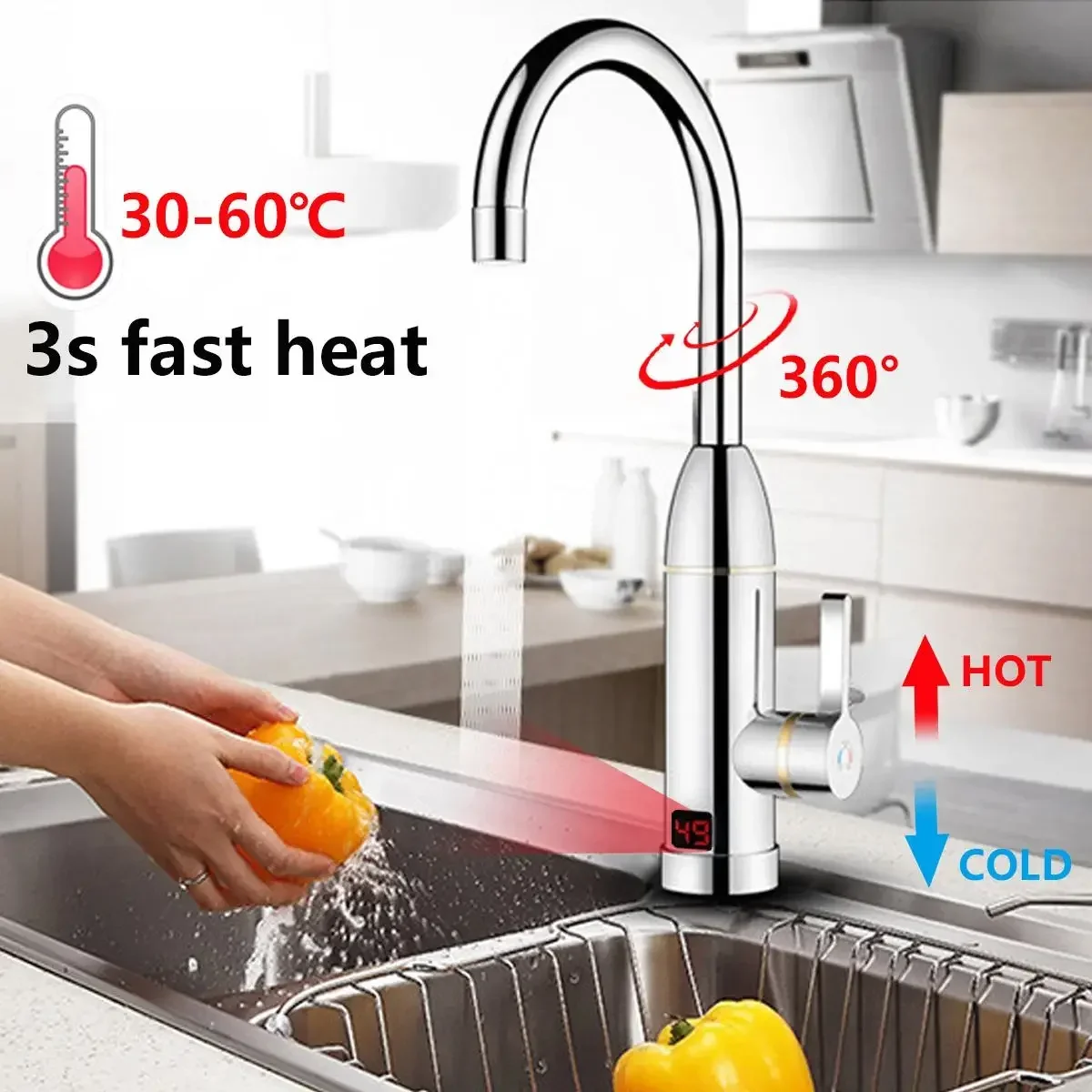 3000W 220V Kitchen Instant Heating Faucet Heater Hot Cold Dual-Use Tankless Water Quickly Heating Tap Shower with LED Display