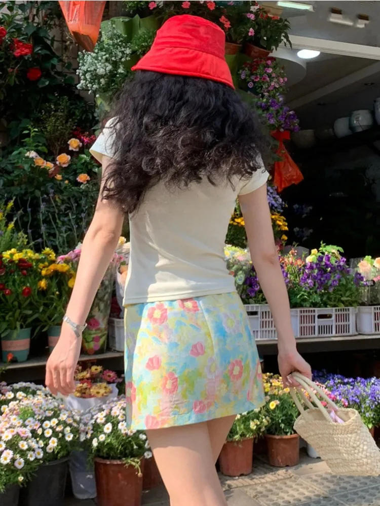 تنانير نسائية على الطراز الفرنسي عتيقة ملابس شارع كاواي مُزينة بالزهور صيفية Y2k حفلة لطيفة على شكل حرف a موضة جمالية Harajuku Mujer Faldas