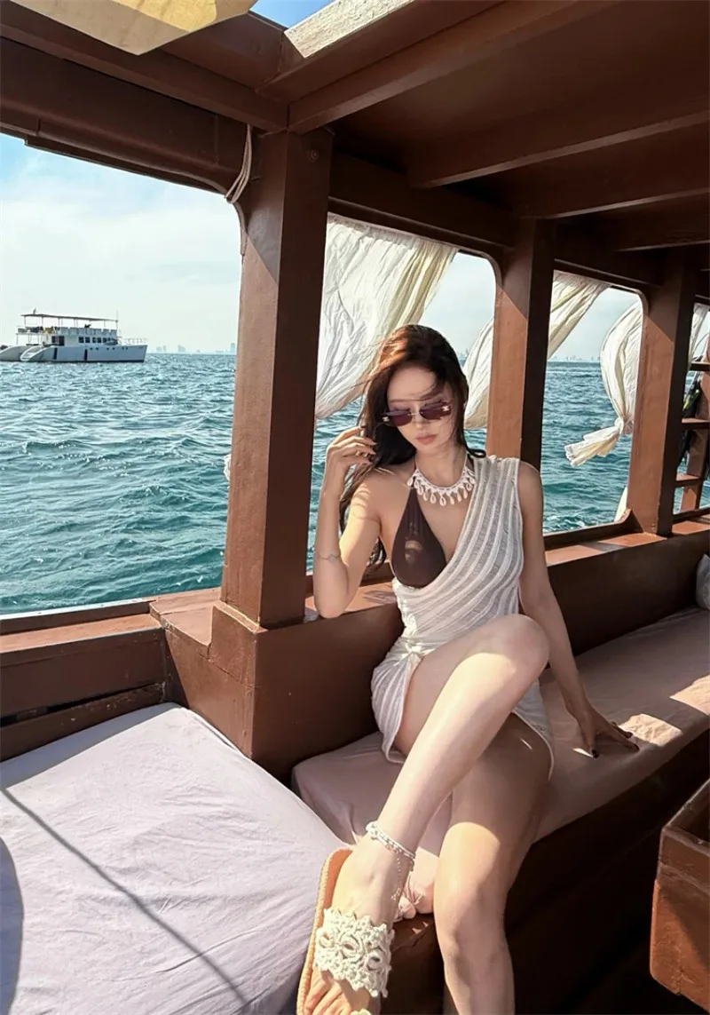 Sexy Hot Girl Three-Piece Bikini Set, Women's Cutout Knit Dress Cover-Up Figure-Flattering Slimming Beach Vacation Swimwear