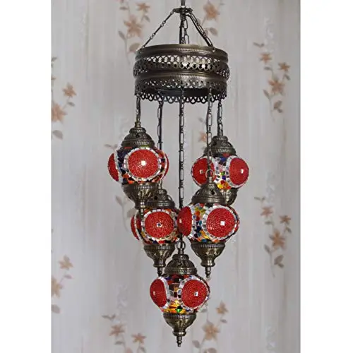 LaModaHome 40 + Unique Colors, 2020 Customizable Chandelier 5 Globes + Free 5 Bulbs, stunning Mosaic Turkish Lamp Moroccan Light