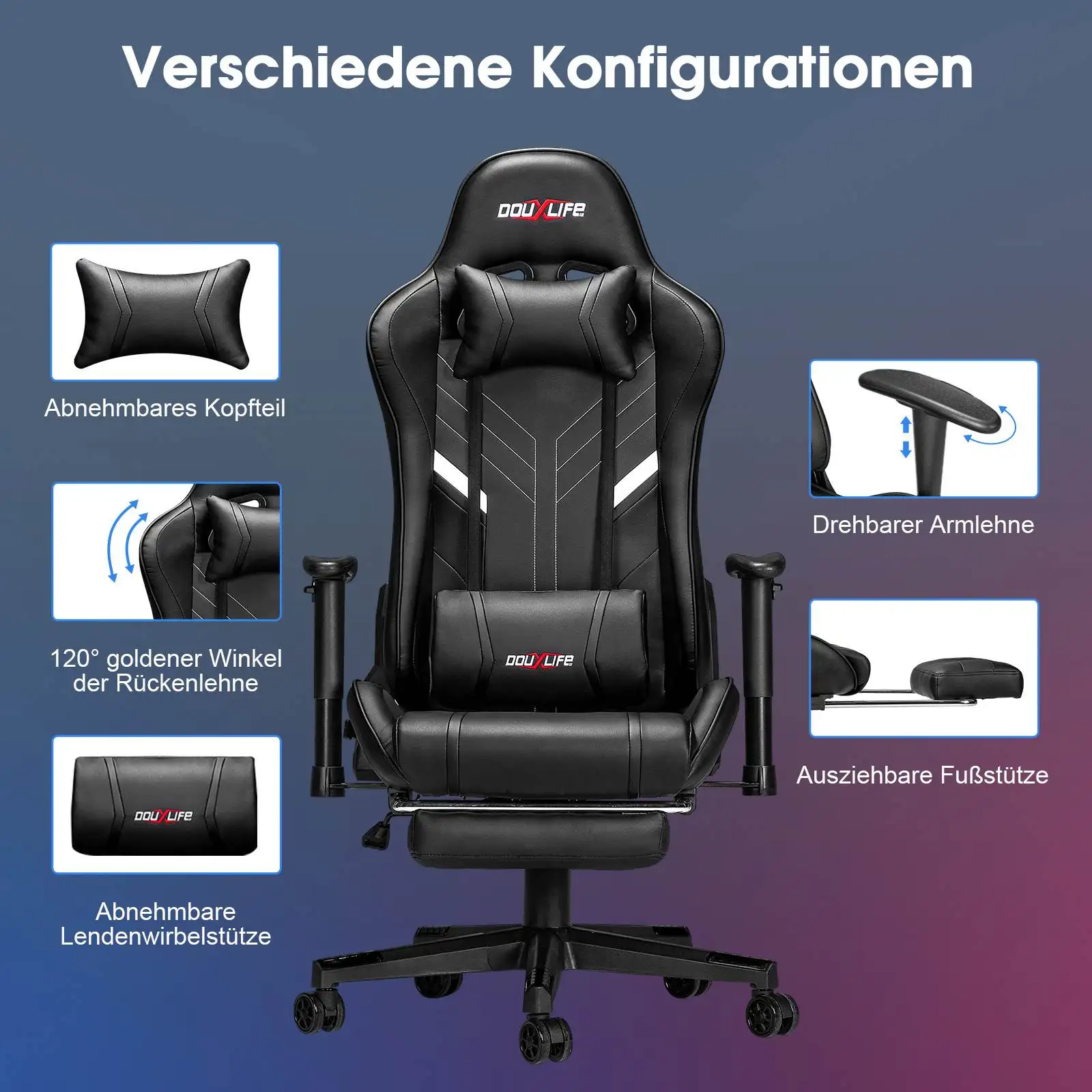 Cadeira ergonômica do escritório do couro do plutônio com apoio lombar com pés, cadeira giratória do jogo, executivo, escritório, computador, tarefa moderna, giratória
