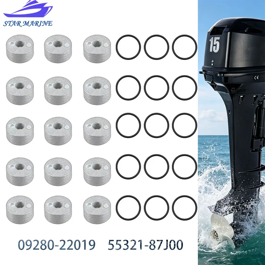 09280-22019 55321-87J00 15Pcs Anode with O-Ring 55321-87J01for Suzuki Marine 4 Stroke 6-300 HP Outboard Motor Replaces
