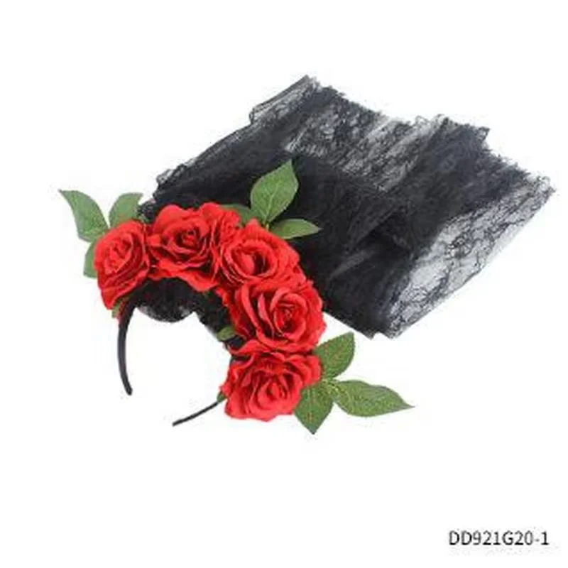 PESENAR Halloween costume accessories: rose veils, earrings, skull gloves and leggings, creating a ghostly fashion appearance