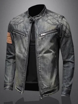 2024 new men's denim jacket trendy retro fashion casual stand-up collar zipper jacket handsome riding biker clothing denim tops 3