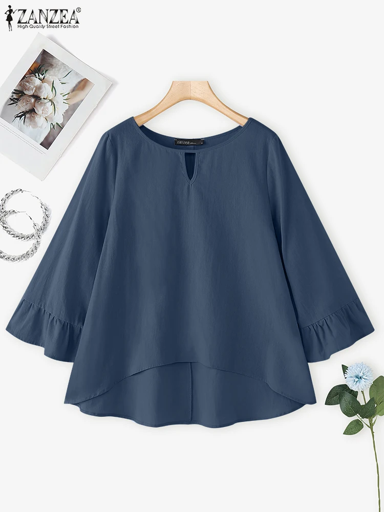 Zanzea 2025 outono casual blusas altas-baixas das mulheres recorte o-pescoço algodão blusas mujer elegante babados guarnição 3/4 manga alargamento topos