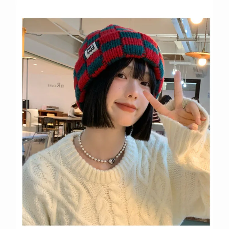 2024 Fashion Plaid Knitted Beanies Hats Winter Skullies Warm Hat extra large Head Circumference Checkerboard Casual Beanie Caps
