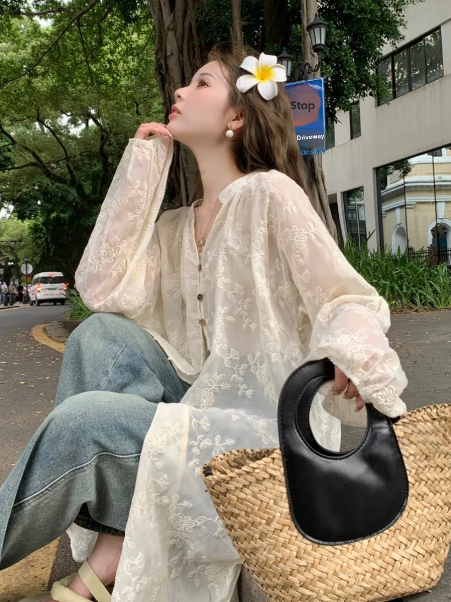 

plus Size Lace Embroidered Loose Fit Long Sleeve Shirt Summer Slimming Sun Protection Mid-Length Korean Style Women's Top