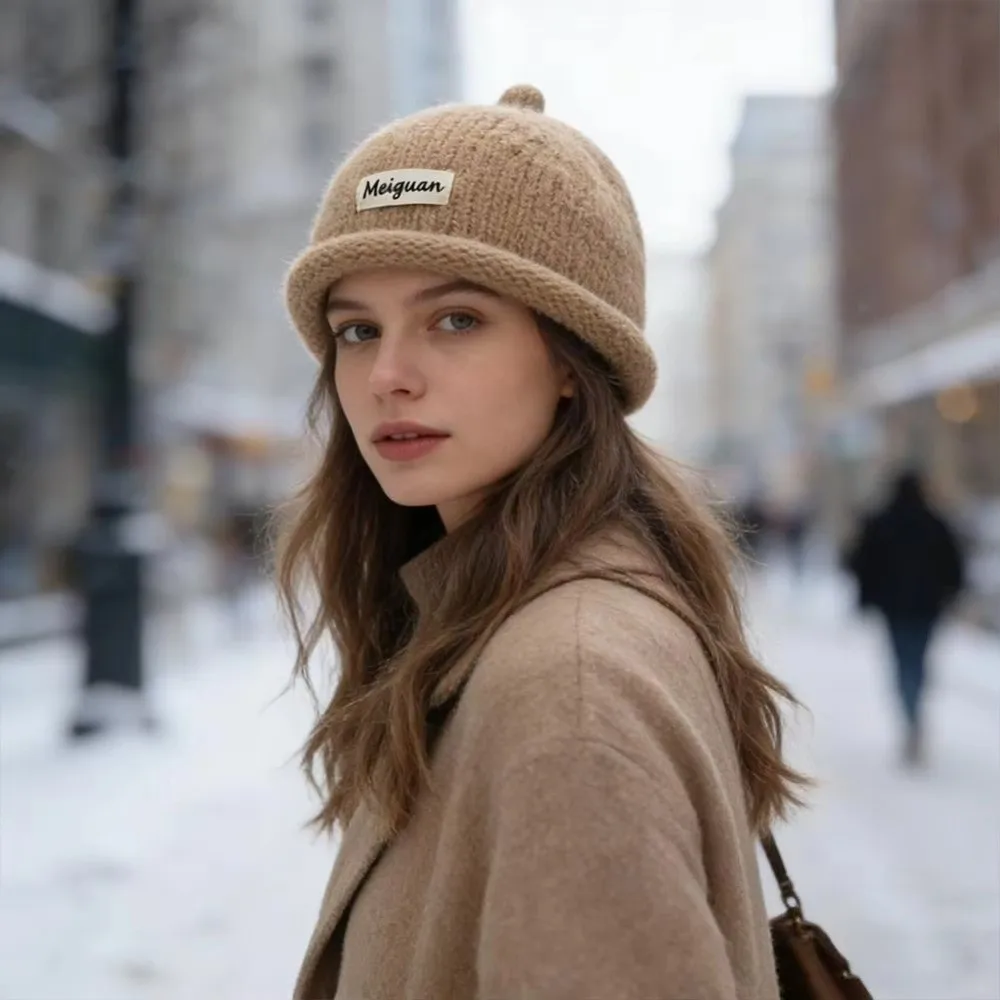 Fashion Turned-up Brim Beanie Hat Windproof Thickened Bucket Hat Solid Color Winter Warm Melon-shaped Hat