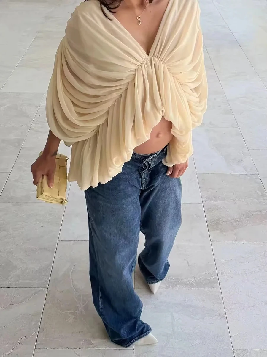 TWOTWINSTYLE Khaki Draped Shirts for Women Deep V Neck Batwing Sleeve Gathered Front Cropped Shirt for Summer Casual Streetwear