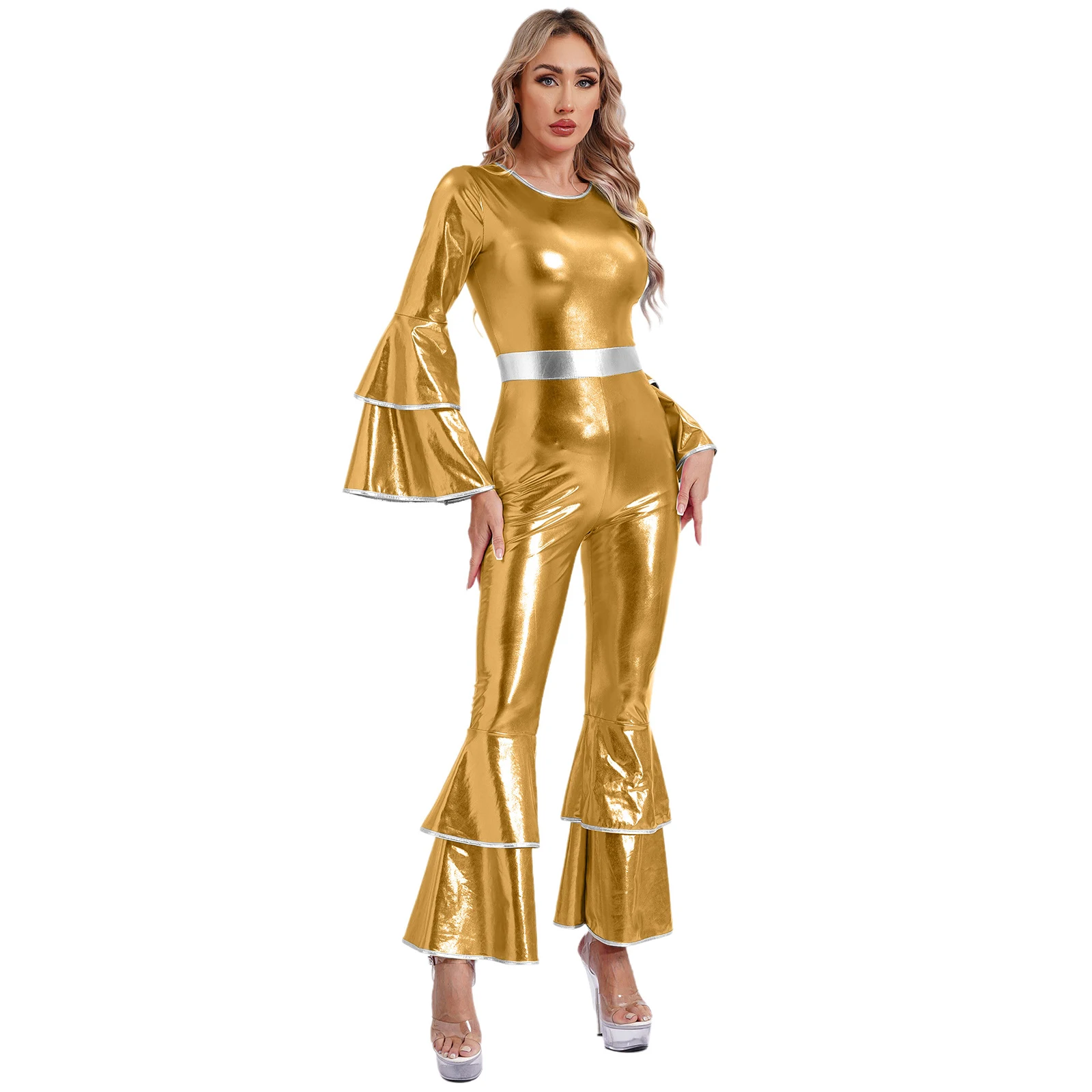 Womens Vintage 70S Disco Dancewear Costumes One-piece Metallic Shiny Jumpsuit Tiered Flare Sleeve Bell Bottom Hippie Romper