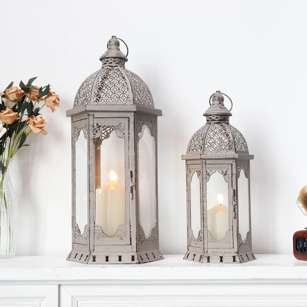 

Set of 2 Decorative Candle Lanterns 22"&17"Outdoor vintage Metal Candle Holder Home Decor(Grey with Black Brush)