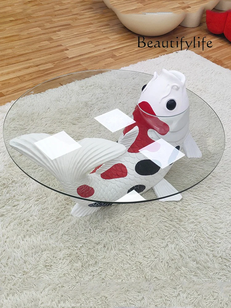 Designer Unique Creative Cartoon round Tempered Glass Carp Tea Table Living Room Animal Tea Table