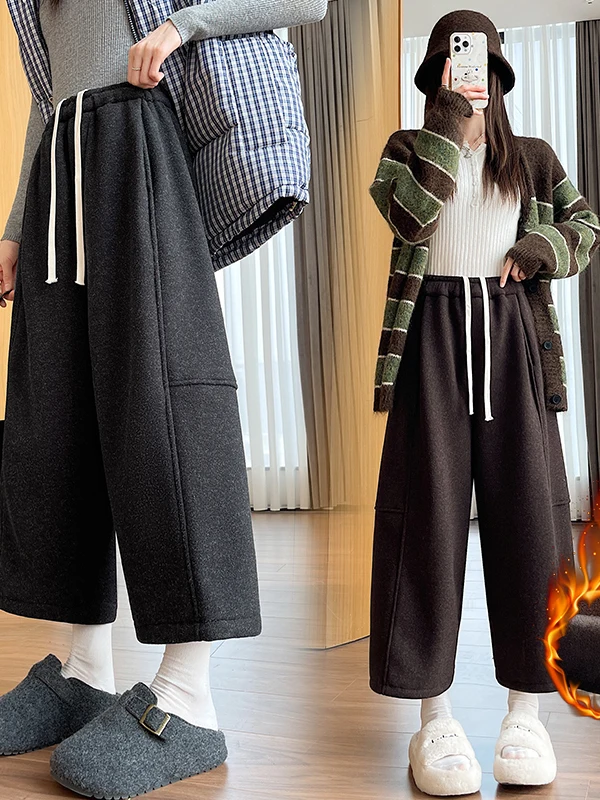 Damskie zimowe spodnie z szerokimi nogawkami, ocieplane polarem, codzienne, z wysokim stanem, prosty krój, mieszanka wełny, modne spodnie dla kobiet.