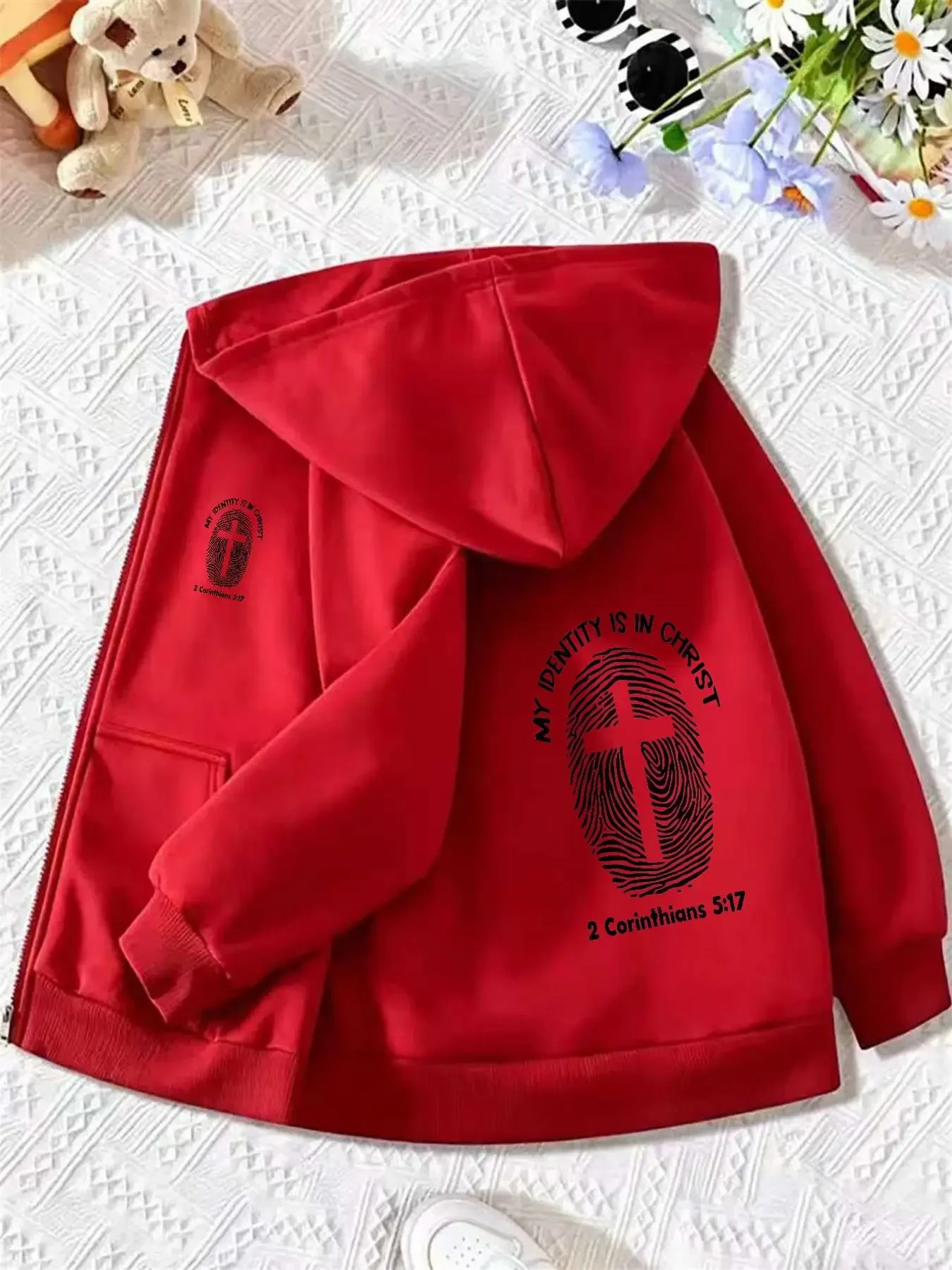 Kids Zip Up Hooded Jacket Fingerprint Cross Bible Verse Graphic Long Sleeve Casual Hoodie Outerwear For Boys Girls
