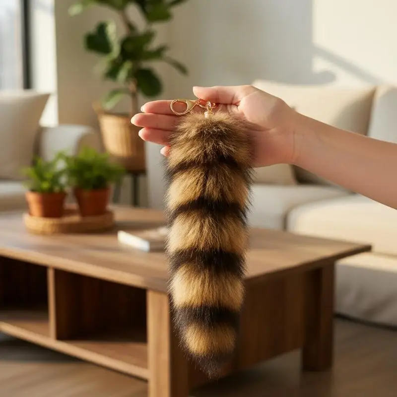 

Cute Plush Raccoon Tail Keychain - Fluffy Furry Animal Pompom Keyring, Soft Bag Charm Decor & Backpack Accessory