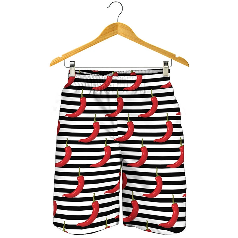 Funny 3d Printed Chili Pants For Men Fashion Green Red Color Beach Shorts Outdoor Street Loose Striped Design Swim Trunks