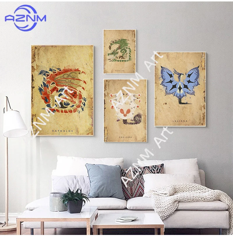 Monster Hunter Poster, hängendes Gemälde im japanischen Stil, Spiel, animiertes Café, Leinwandgemälde, Wandbilder für Wohnzimmer, Kunst