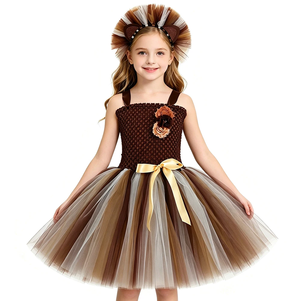 Disfraz de León para Niñas, Modelo Mane, Color Marrón, con Forro, 2 Capas de Tul, Vestido Tutú, Disfraz de Animal para Halloween, Carnaval, Fiesta de la Selva, Zoológico