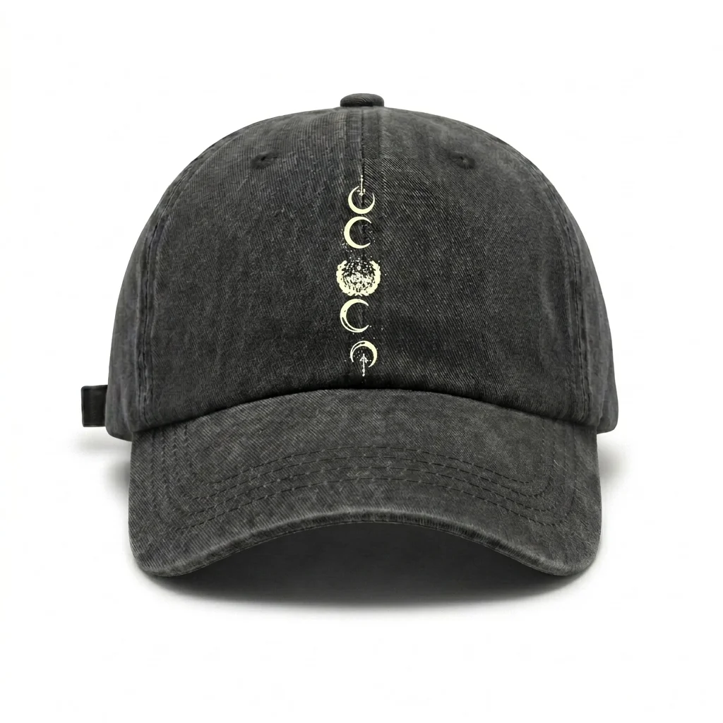 Vintage Washed Vertical Moon Phase Graphic Baseball Cap, Adjustable Unisex Dad Hat, Celestial Aesthetic Gift for Women