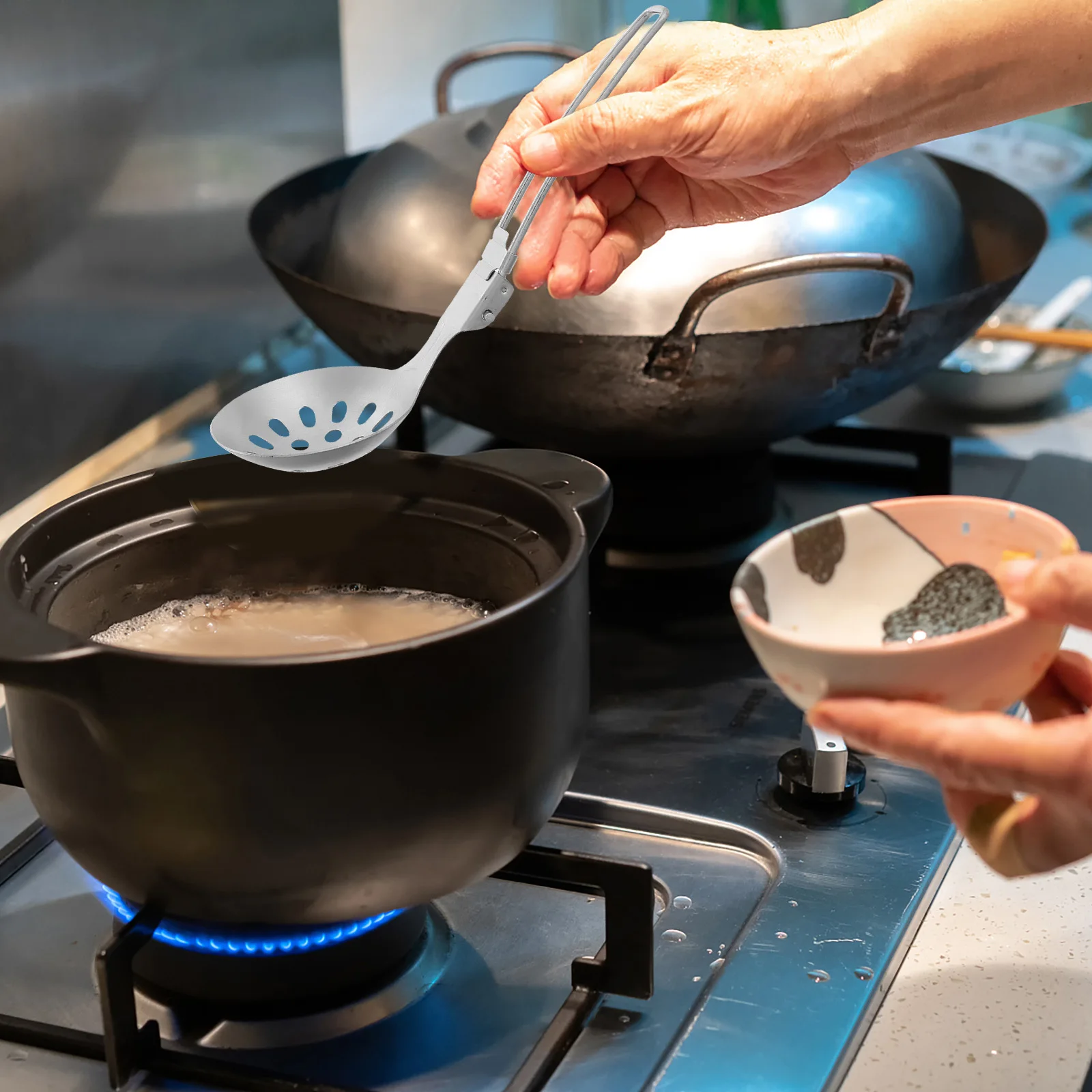 

2Pcs Foldable Skimmer Spoon Stainless Steel Outdoor Cooking Utensil Camping Portable Strainer Lightweight Kitchen Tool