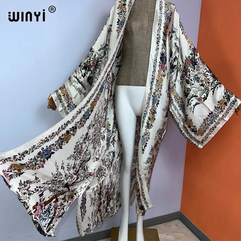 WINYI kimono new fashion print купальник Women Cardigan Loose Long Dress elegant Party Boho Maxi beach Holiday Cover Ups  kaftan