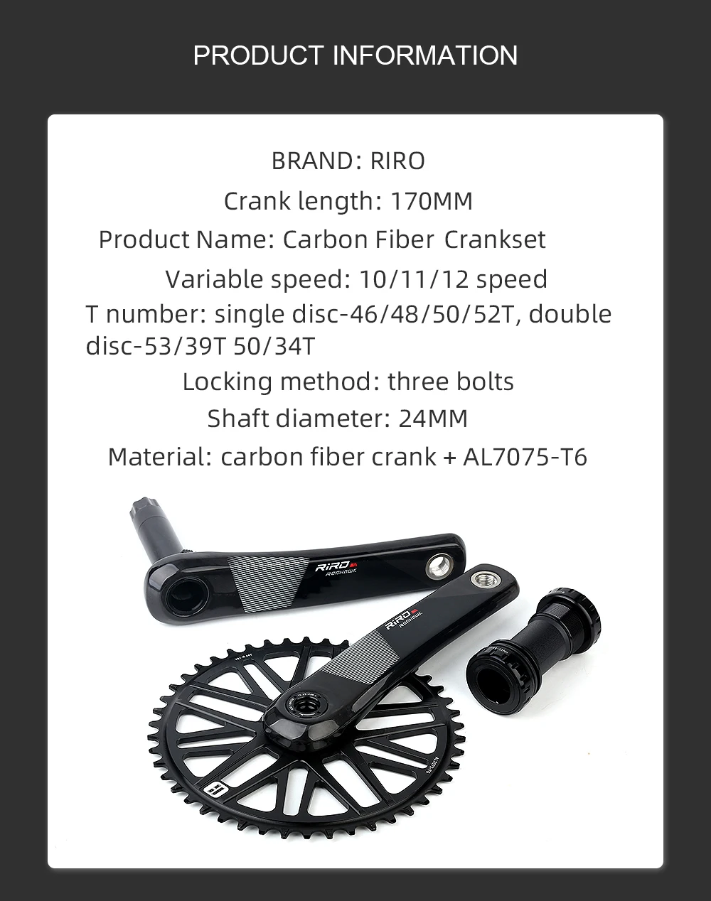 RIRO Carbon Fiber Kurbel Rennrad 11/12 Geschwindigkeit 50-34/53-39T Direct Mount Fahrrad Ultraleichte Kurbelgarnitur 170mm 46/48/50/52T Kettenblatt – Detail 2