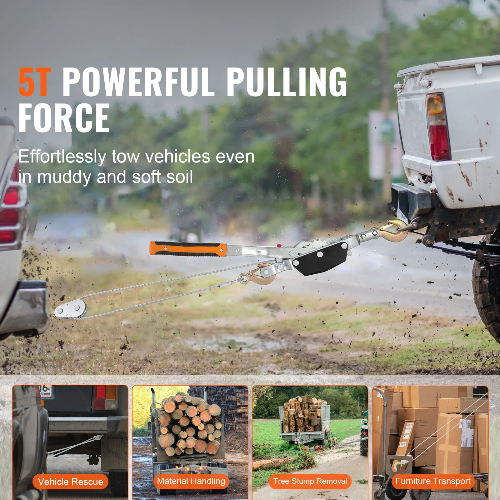 SucceBuy 5T Come Along Winch Ratchet Power Puller เครื่องมือ 11.5ft สายเหล็กยานยนต์รอกสายดึงสําหรับรถกู้ภัย