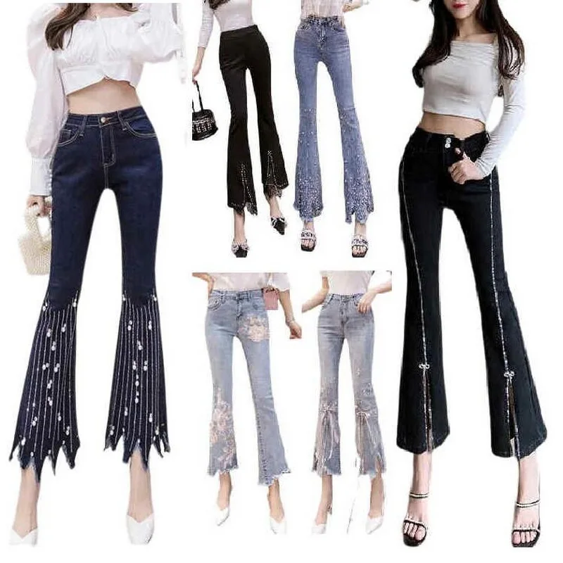 

Women Jeans Sweet High Waist Split Denim Pants Lace Ruffle Elegant Chic Beading Bowknot Boot Cut Pants Girls Fairy Jeans