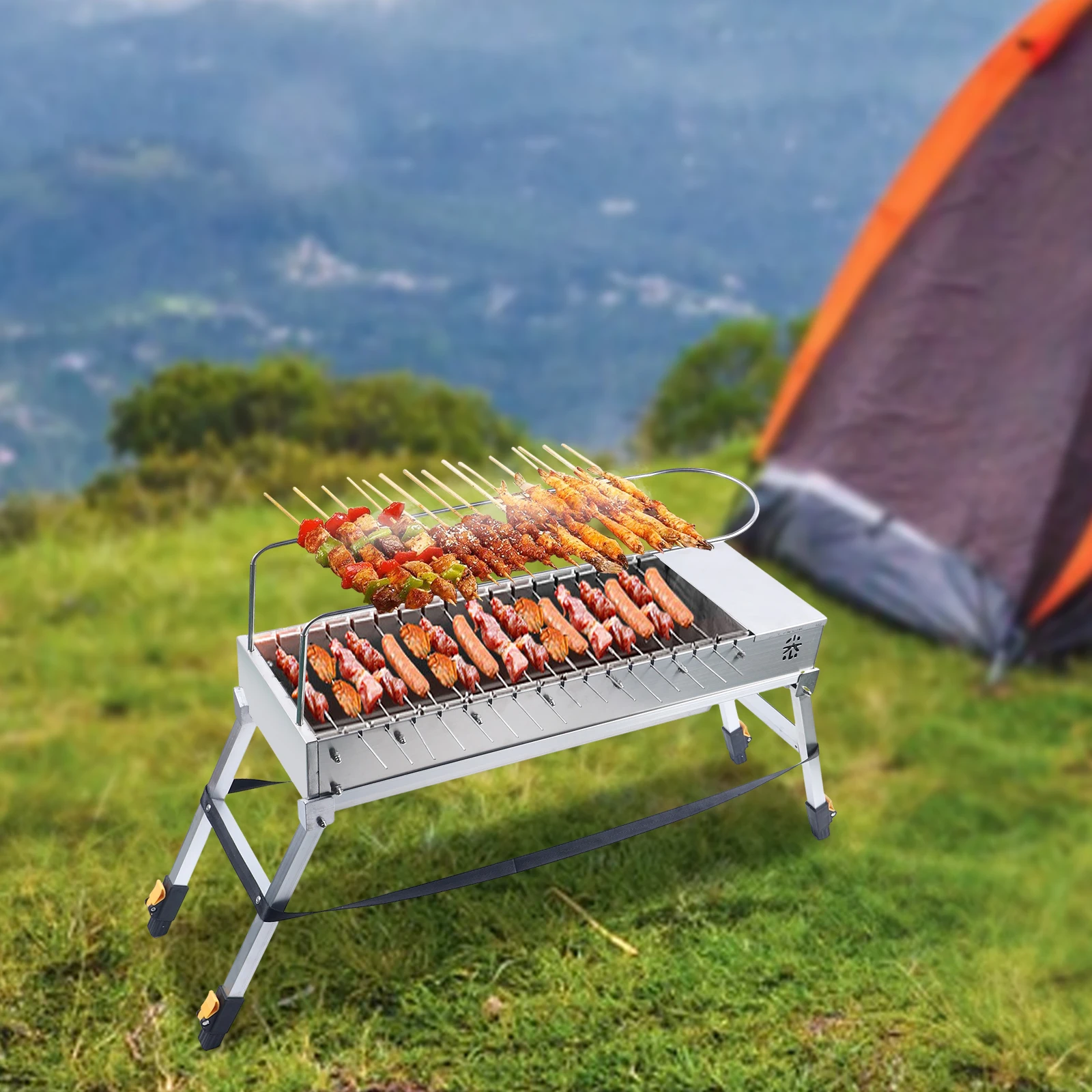 Portable Charcoal Grill, Barbecue Grill, Folded Charcoal BBQ Grill Stainless Steel Rotating Skewer USB Rustproof Easy Clean for Garden
