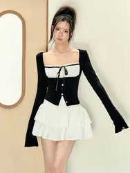 2 Piece Skirt Set Women Casual Bow Shirts + Elegant Sexy Bodycon Mini Skirt Slim Beach Style Korean Chic 2024 Skirt Suits